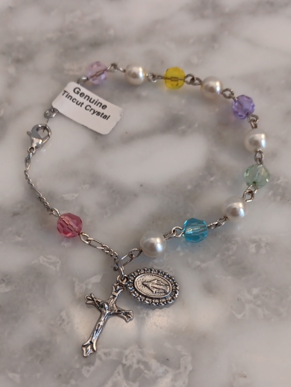 Genuine TINCUT Multi-color Crystal and Faux Pearl SilverTone Bracelet NIB